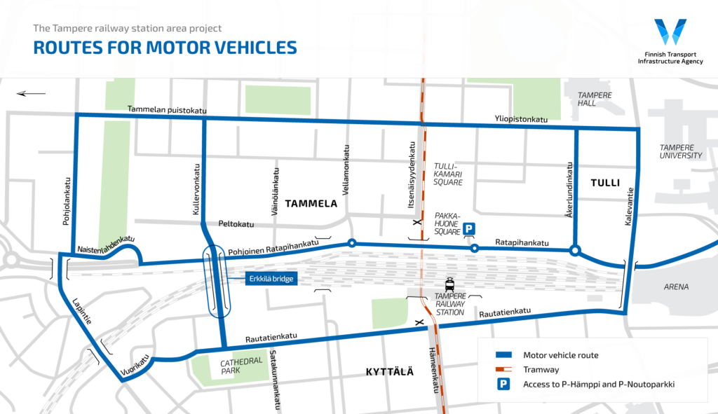 The Tampere railway station area project's routes for motor vehicles.